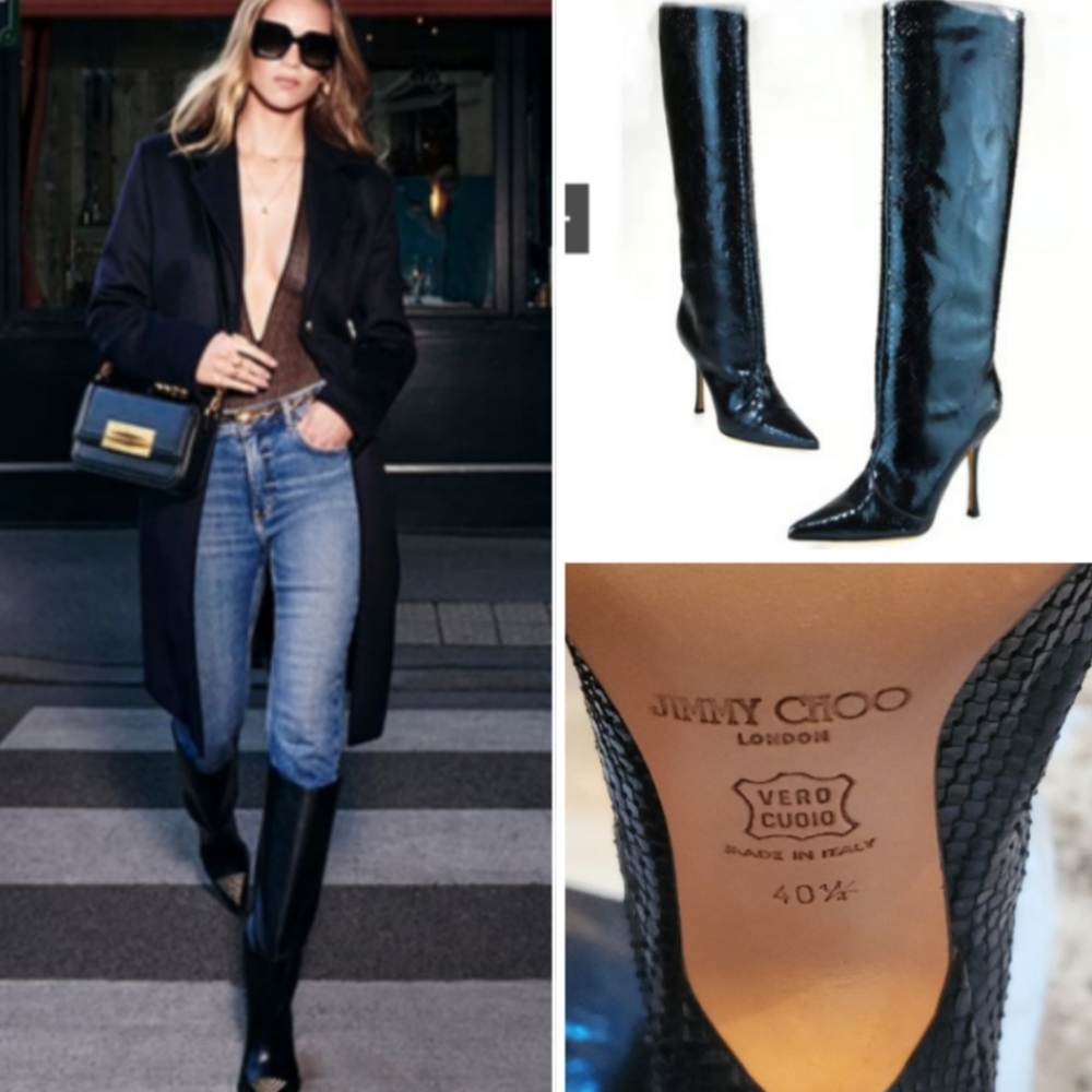 Jimmy Choo Blue Python Snake Skin Metallic  Pointed Toe Knee High Boots 10.5
